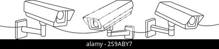 CCTV-Videokameras, einzeilige kontinuierliche Zeichnung. Externes Heimsicherheitssystem. Vektorabbildung. Stock Vektor