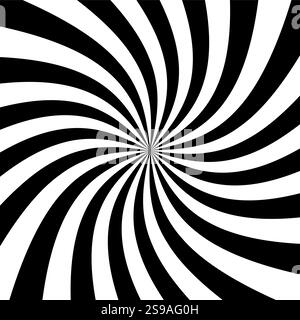 Swirled Sunbursts Schwarz-weiß. Verdrehte Sonnenstrahlen. Psychedelisch, 1960er, flaches Design, sehr hochauflösende JPEG 50 Zoll. JPG. Wandbilder, Hintergründe Stockfoto
