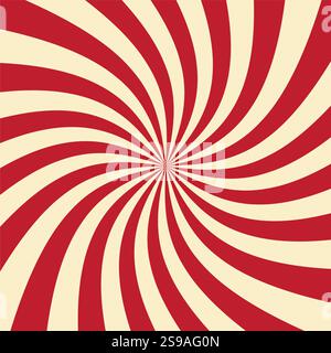 Swirled Sunbursts Red und cremeweiß. Verdrehte Sonnenstrahlen. Psychedelisch, 1960er, flaches Design, sehr hochauflösende JPEG 50 Zoll. JPG. Wandbilder, Hintergründe Stockfoto
