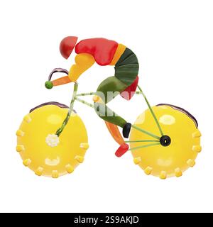 Obst und Gemüse in Form eines männlichen Radfahrers auf einem Rennrad Stockfoto