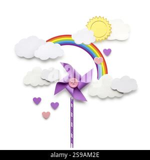 Kreatives Valentinstag-Konzeptfoto von einer Windmühle Spielzeug Wolken und Herzen aus Papier auf weißem Hintergrund Stockfoto