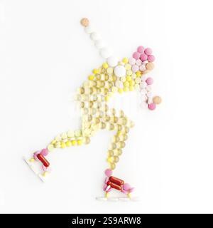 Dopingmittel und Pillen in Form eines Speedskaters auf dem Eis Stockfoto