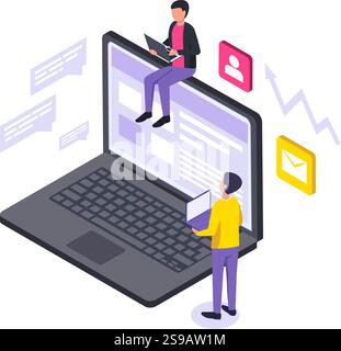 Website-Administration und Softwareentwicklung mit Programmierern, die an Laptops zusammenarbeiten, um Inhalte zu verwalten, die in isometrischer Form dargestellt werden Stock Vektor