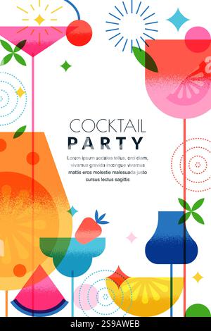 Vertikales Banner, Poster mit bunten Cocktails und Früchten. Vektorabbildung. Abstraktes geometrisches Design für Sommerpartys. Alkoholische, alkoholfreie drin Stock Vektor