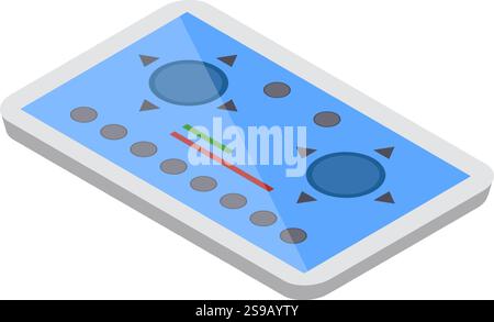 Isometrische Abbildung eines modernen Gaming-Controllers mit blauer Schnittstelle. Mit Richtungstasten, kreisförmigen Bedienelementen und einem schlanken Design, ideal für digitale Unterhaltungskonzepte Stock Vektor