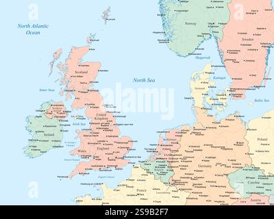 Politische Karte mit dem Vereinigten Königreich, Irland und Teilen Nord- und Mitteleuropas. Stockfoto