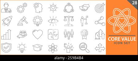 Satz von Symbolwerten. Vektorbilder mit bearbeitbarer Kontur. Umfasst Leidenschaft, Vielfalt, außergewöhnlich, innovativ, Verantwortlichkeit, Stock Vektor