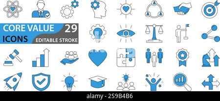 Satz von Symbolwerten. Vektorbilder mit bearbeitbarer Kontur. Umfasst Leidenschaft, Vielfalt, außergewöhnlich, innovativ, Verantwortlichkeit, Stock Vektor