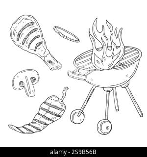 Barbecue Grill handgezeichnetes Umrissset. BBQ Vektor Illustration Grill Party Skizze. Grillwerkzeuge Holzkohle Brennholz und Produkte Stock Vektor