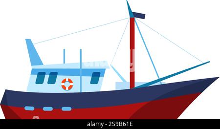Rotes, blaues und hellblaues Fischerboot, das auf weißem Hintergrund segelt, mit einem Mast, Seilen, einer Kabine, Rettungsschirm, und Bullaugen, die ein lebendiges M einfangen Stock Vektor