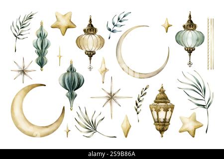 Laternen, Halbmond, Sterne, Funkeln, Funkeln und grüne Palmblätter gesetzt. Aquarell handgemalte isolierte Illustration für Design von Ramadan Kare Stockfoto