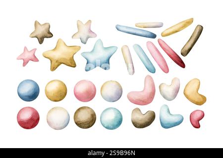 Teigstreusel. Bunte Elemente zum Dekorieren von Kuchen, Eis und Donut. Aquarell handgemalte Lebensmittel Illustration isoliert auf weißem Hintergrund f Stockfoto