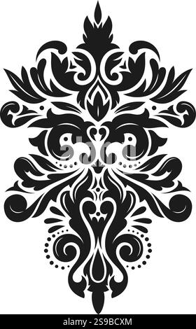 Symmetrisches schwarz-weißes Damastmuster mit Vintage-Dekorationselementen für ein elegantes und raffiniertes Design, das sich für verschiedene PR Stock Vektor