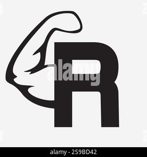 Initial Monogramm Letter R Strong Logo Concept mit Bicep Muscle Arm Symbol für Gym und Fitness Logotype Stock Vektor