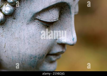 Extreme Nahaufnahme des Gesichts eines Garten-buddha Stockfoto