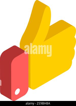 Gelbe Hand mit roter Hülle, die die Daumen in isometrischer Ansicht nach oben zeigt und positives Feedback, Zustimmung, Zustimmung oder Like ausdrückt, was Zufriedenheit und positive Reaktion repräsentiert Stock Vektor