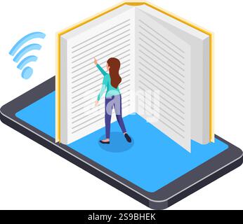 Online-Bildungskonzept: Schüler, die ein großes eBook auf einem Smartphone nutzen, eine Online-Bibliothek nutzen und über einen mobilen Internetzugang lernen Stock Vektor
