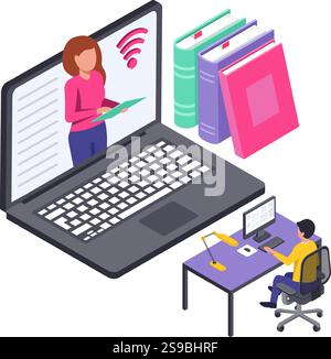 Isometrische Illustration eines Schülers, der an einer Online-Lektion mit einem Laptop und einem Desktop-Computer teilnimmt, wobei ein Lehrer dies erklärt und einige Bücher in der Nähe sind Stock Vektor