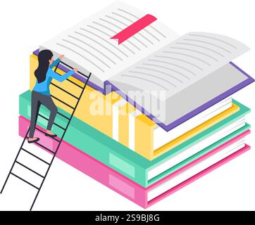 Schüler klettern über eine Leiter, um zu einem großen offenen Buch zu gelangen, das auf einem Stapel farbenfroher Bücher platziert ist und das Streben nach Wissen und akademischer Leistung symbolisiert Stock Vektor