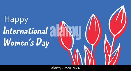 Happy International Women Day Card mit roten Blumen auf blauem Hintergrund Stock Vektor