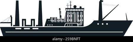 Schwarze Silhouette eines Fischerbootes, das auf dem Meer segelt, minimalistische Vektor-Illustration eines maritimen Schiffes mit Brücke, Kran, Schornstein und Antenne isoliert auf weißem Hintergrund Stock Vektor