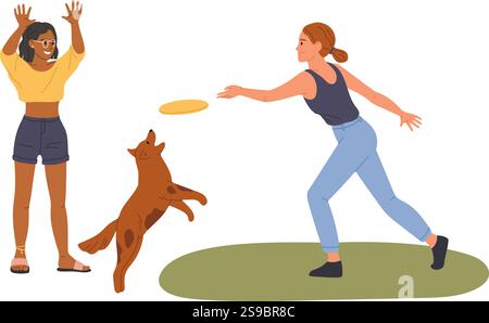 Zwei junge Frauen und ein brauner Hund haben Spaß im Park und spielen mit einer Frisbee. Der Hund springt, um die Frisbee zu fangen, und eine der Frauen wirft sie, während die andere ihre Hände hebt Stock Vektor