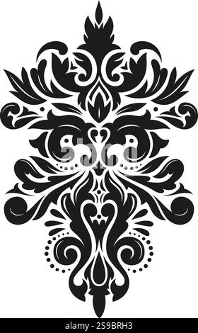 Symmetrisches schwarz-weißes Damastmuster mit Vintage-Dekorationselementen für ein elegantes und raffiniertes Design, das für verschiedene Projekte geeignet ist Stock Vektor