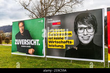 Lauchringen, 12. Januar 2025: Links: Wahlkampfplakat des amtierenden Bundeswirtschaftsministers Robert Habeck (Allianz 90/die Grünen). Stockfoto