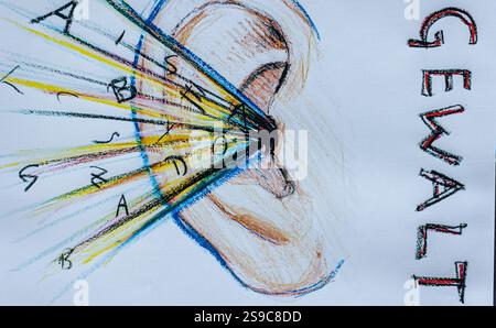 München, 5. April 2023: Schülerinnen und Schüler verschiedener Oberschulen in München haben Zeichnungen erstellt, um zu zeigen, wie sie sich die Gesellschaft der Zukunft vorstellen. (Ph Stockfoto