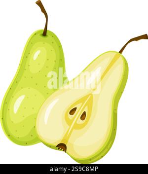 Farbenfrohe Illustration mit einer ganzen grünen Birne neben einer halben Birne, die ihren Kern und ihre Samen vor einem sauberen weißen Hintergrund enthüllt Stock Vektor