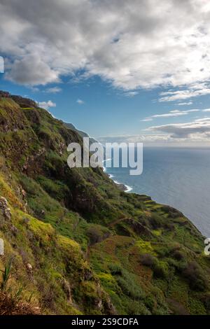 Wilde Natur, die die Oberfläche des Berges und der Klippen bedeckt. Blick auf den Atlantik. Blauer Himmel mit weißen Wolken. Santa Maria Magdalena, Madeira, Po Stockfoto