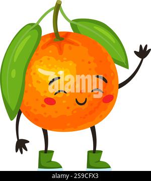 Fröhliche orangene Zeichentrickfigur in hellgrünen Stiefeln, lächelnd und winkend, umgeben von leuchtenden Blättern und einem verspielten Stiel, der Positivität und Glück ausstrahlt Stock Vektor