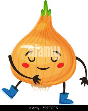 Cartoon Zwiebelfigur mit geschlossenen Augen, in leuchtend blauen Stiefeln, entspannt und umarmt sich, während das Leben vor einem sauberen weißen Hintergrund genießt Stock Vektor