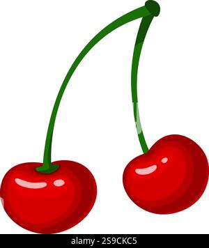 Zwei glänzend rote Kirschen hängen an ihren grünen Stielen vor einem unberührten weißen Hintergrund, die die lebendigen Farben und die einladende Frische der Früchte zeigen Stock Vektor