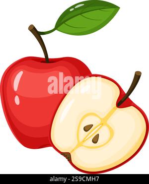 Der ganze rote Apfel mit einem grünen Blatt und ein halb roter Apfel mit Samen repräsentieren Frische und Gesundheit, ideal für die Förderung gesunder Essgewohnheiten Stock Vektor