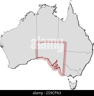 Karte von Australien mit den Provinzen ist South Australia durch ein Schraffur hervorgehoben. Stock Vektor