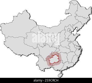 Karte von China mit den Provinzen, Guizhou wird durch eine Schraffur hervorgehoben. Stock Vektor