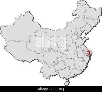 Karte von China mit den Provinzen, Shanghai wird durch eine Schraffur hervorgehoben. Stock Vektor