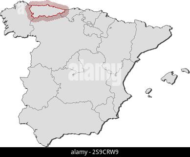 Karte von Spanien mit den Provinzen, Asturien wird durch eine Schraffur hervorgehoben. Stock Vektor
