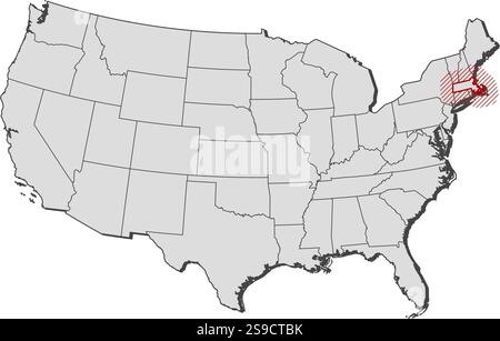 Karte der Vereinigten Staaten mit den Provinzen, Massachusetts ist durch eine Schraffur hervorgehoben. Stock Vektor
