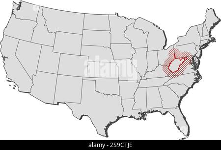 Die Karte der Vereinigten Staaten mit den Provinzen West Virginia ist durch eine Schraffur hervorgehoben. Stock Vektor