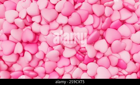 Hellrosa Herzhintergrund zum Valentinstag. Herzhaufen. Romantische Kulisse. 3D-Rendering-Abbildung Stockfoto