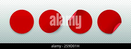 Roter Runder Aufkleber Vektorsatz. Runde Aufkleber mit Schatten. Gewellte Eckaufkleber, Gerade Runde Aufkleber, Leicht Gewellte Aufkleber. Konstruktionsvorlage Stock Vektor