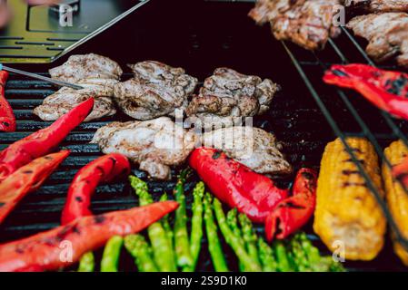Kochen von Fleisch und Gemüse auf einem Grill oder auf einem Grill mit Temperaturkontrolle. Stockfoto