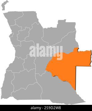 Karte von Angola mit den Provinzen, Moxico ist orange hervorgehoben. Stock Vektor