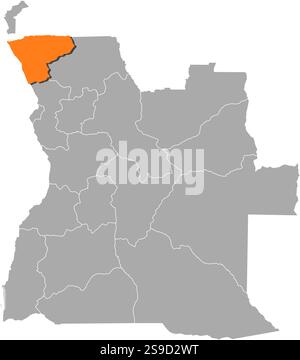 Karte von Angola mit den Provinzen, Zaire ist orange hervorgehoben. Stock Vektor