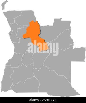 Karte von Angola mit den Provinzen, Malanje ist orange hervorgehoben. Stock Vektor