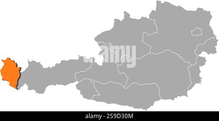 Karte von Österreich mit den Provinzen, Vorarlberg ist orange hervorgehoben. Stock Vektor