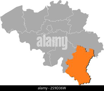 Karte von Belgien mit den Provinzen, Luxemburg ist orange hervorgehoben. Stock Vektor