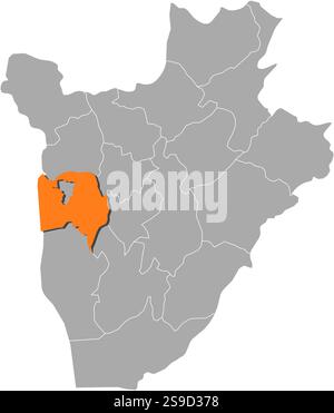 Karte von Burundi mit den Provinzen, Bujumbura Rural ist orange hervorgehoben. Stock Vektor